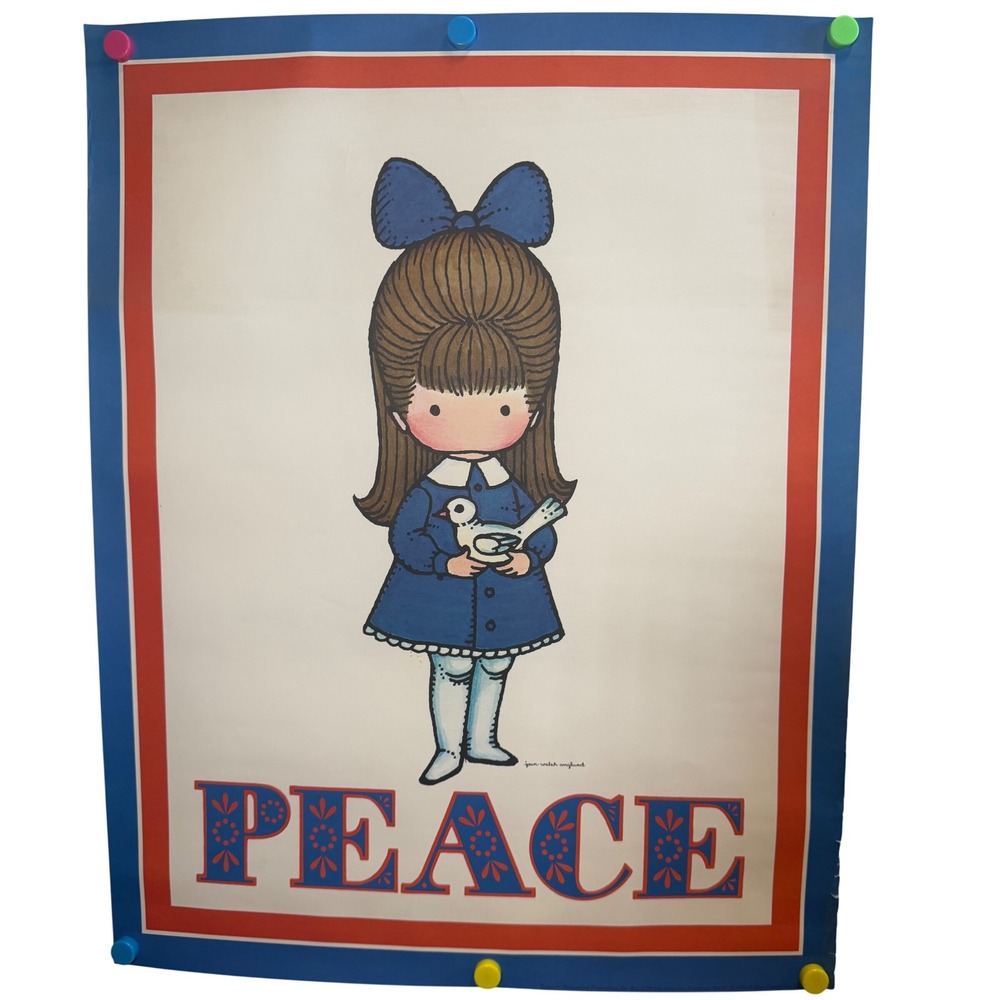 Vintage Joan Walsh Anglund Peace Poster Girl With Dove Blue Red 23x28 Art Print